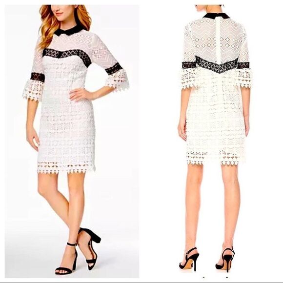 Nanette Lepore White Crochet Mini Peter Pan Collar Bell Sleeve Dress Size 6 - Picture 1 of 9